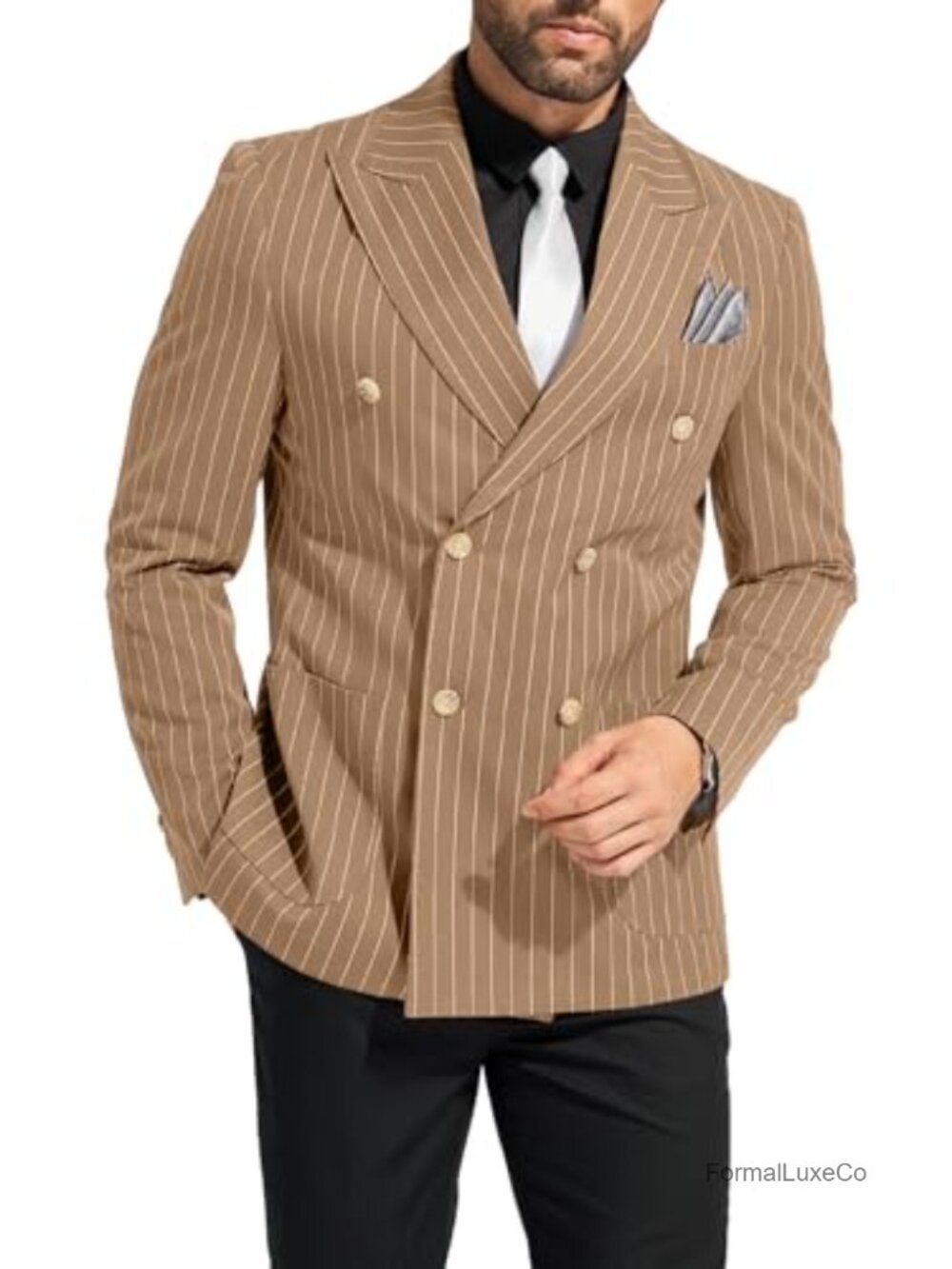 Men's Double Breasted Suit Set - Striped Blazer & Pants, Formal Slim Fit